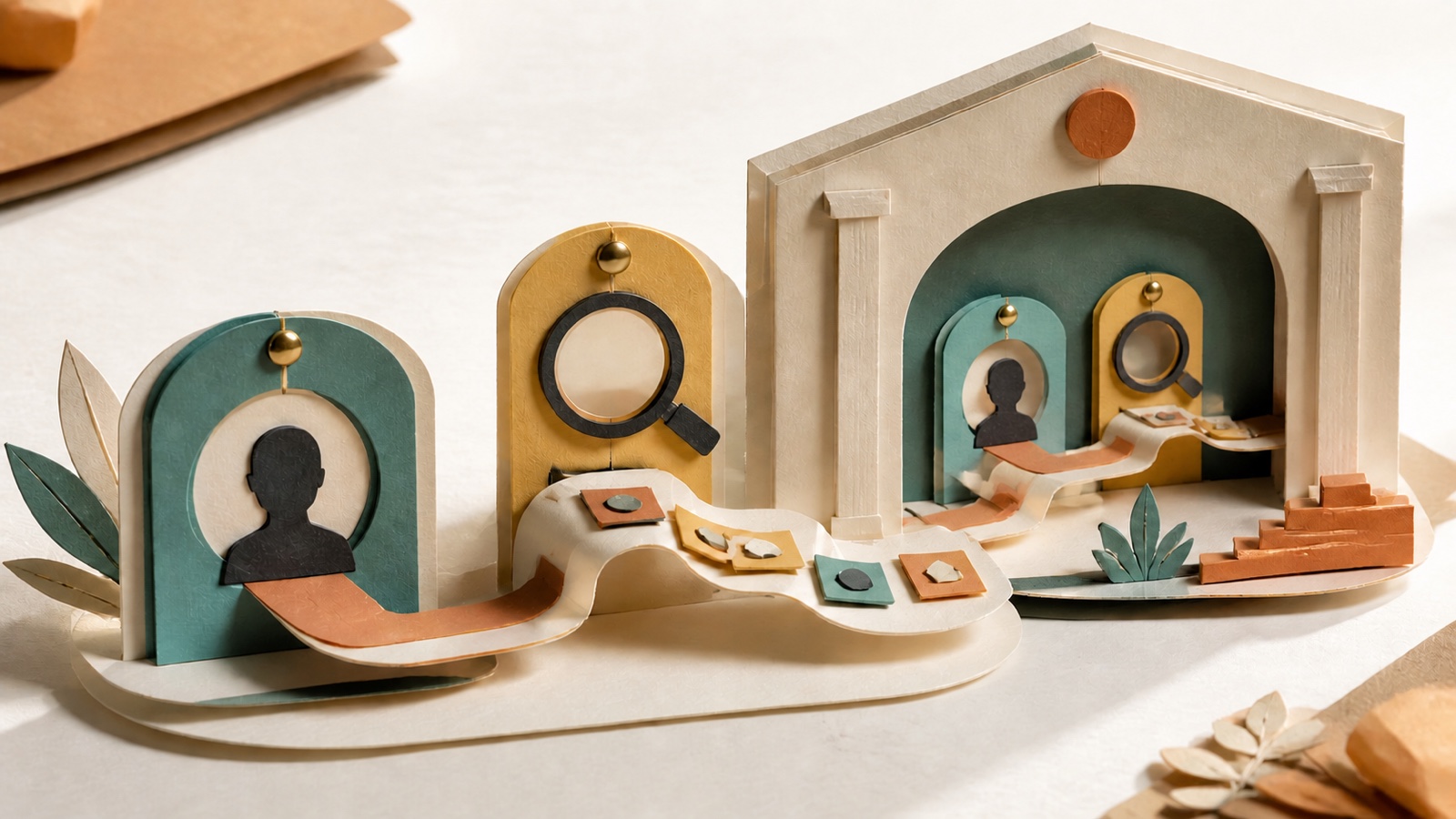 Three connected paper cut scenes representing identity, transactions, and oversight