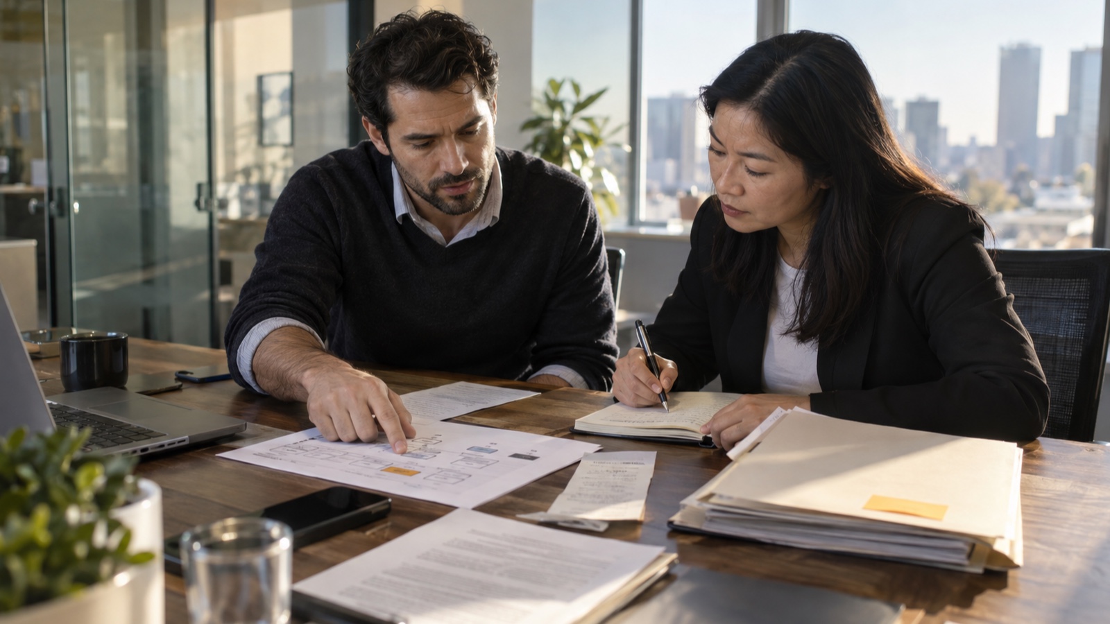 Two compliance analysts reviewing transaction evidence at a meeting table