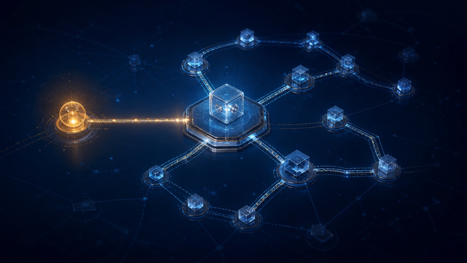 Layered blockchain transaction paths converging on a reviewed wallet
