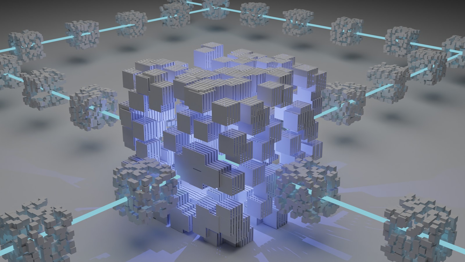 Abstract blockchain network visualization in blue light